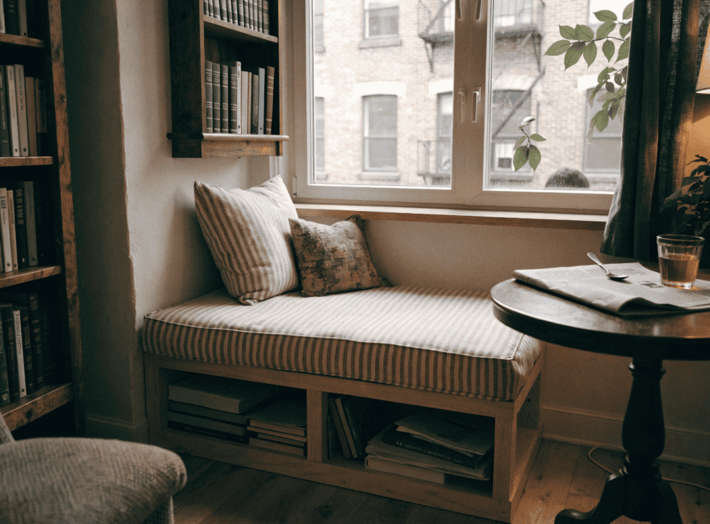 Window Seat - Small Homes USA Newsletter Cozy window seat with cushions and books in a small home interior.
