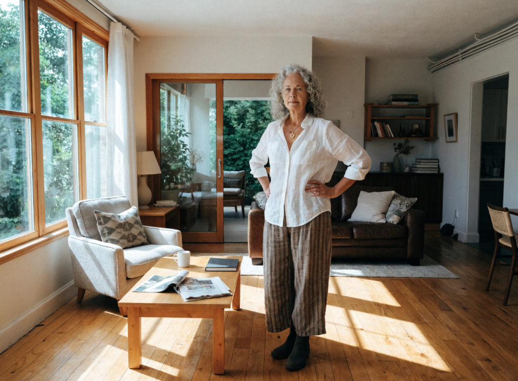 Woman Enjoying Accessible Single-Story Home With No Stairs - Small Homes USA Newsletter Older woman stands with hands on hips in a sunlit living room featuring wooden floors, a beige armchair, and a coffee table with papers.