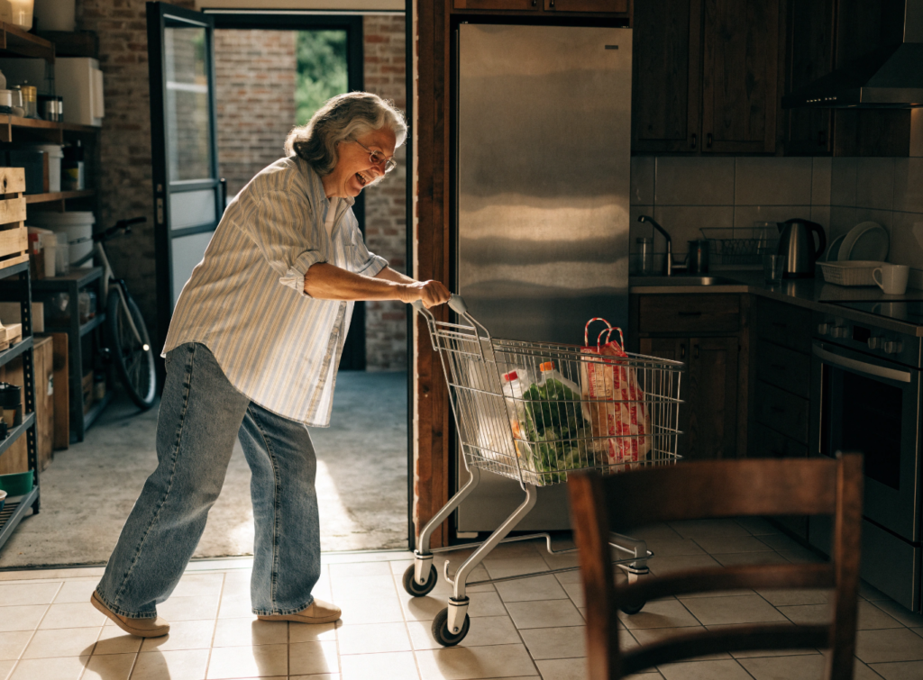 Woman With Mobility Ease Moving Groceries Into Stairless Home - Small Homes USA Newsletter Older woman pushing a grocery cart filled with vegetables and bags through an open kitchen doorway, smiling as she shops indoors.