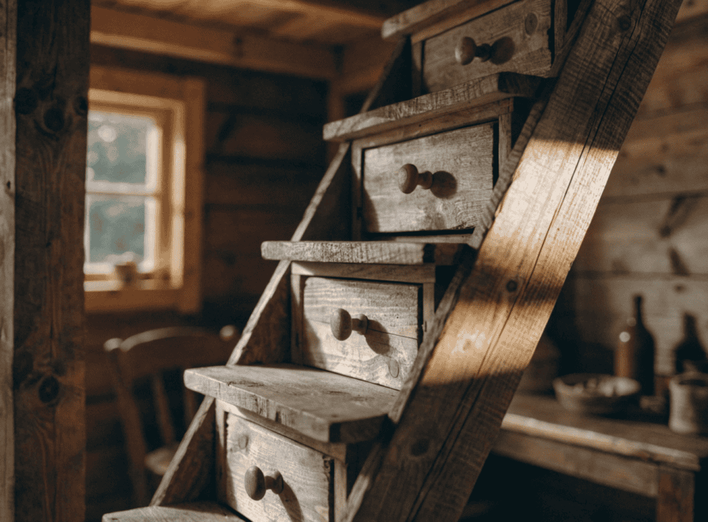Wooden Loft Ladder - Small Homes USA Newsletter Rustic wooden staircase inside a cozy tiny home with natural light.