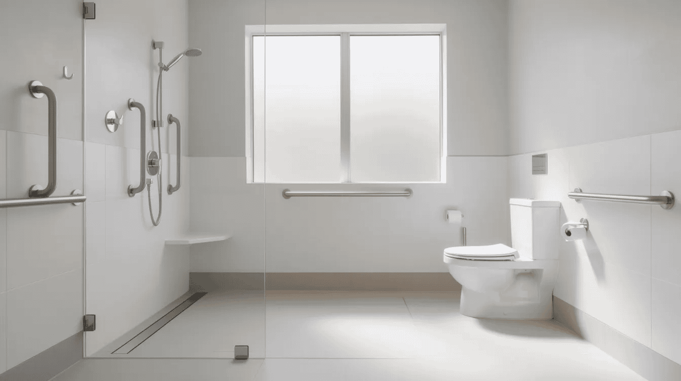 Accessible Bathroom with Safety Features - Small Homes USA Newsletter The image depicts a bright and accessible bathroom featuring a curbless shower, grab bars for safety, and ample natural light streaming through a frosted window, showcasing a modern design ideal for aging parents or those seeking affordable housing solutions like granny flats. The space is thoughtfully laid out to ensure comfort and ease of use.