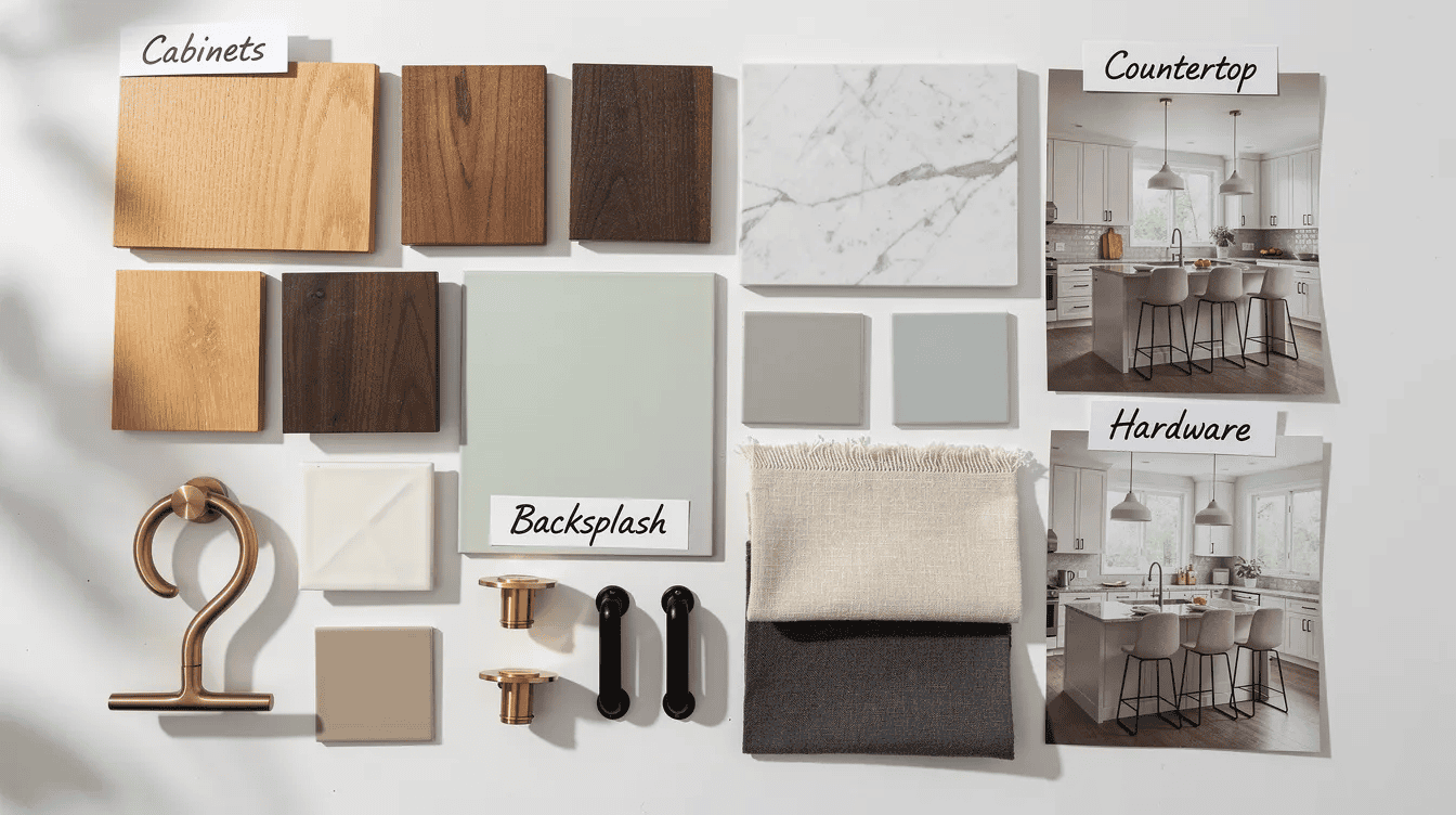 02ba0a2d-39f2-4395-888b-86bed74af879 - Small Homes USA Newsletter The image showcases a kitchen design mood board from a top-down perspective, featuring various color swatches, materials, and design elements that reflect initial ideas for a kitchen renovation. This visual roadmap highlights the desired mood and overall design choices, including cabinetry, countertops, and flooring, as part of the kitchen remodel project.