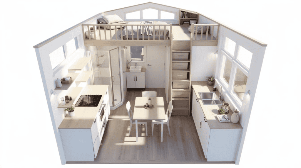 Small Home Interior Design - Small Homes USA Newsletter This top-down isometric view showcases the interior of a 24-foot tiny house, featuring a galley kitchen in the foreground, a small dining area with a storage staircase in the center, and a compact bathroom and loft in the background, all illuminated by natural daylight streaming through large windows. The layout exemplifies the clever use of space typical in the tiny house movement, making it an inspiring tiny project for future homeowners.
