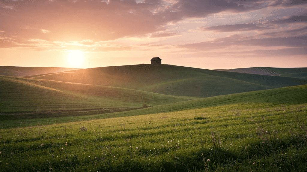 Sunset over rolling green hills - Small Homes USA Newsletter Beautiful sunset illuminating green hills with a small house in the distance.