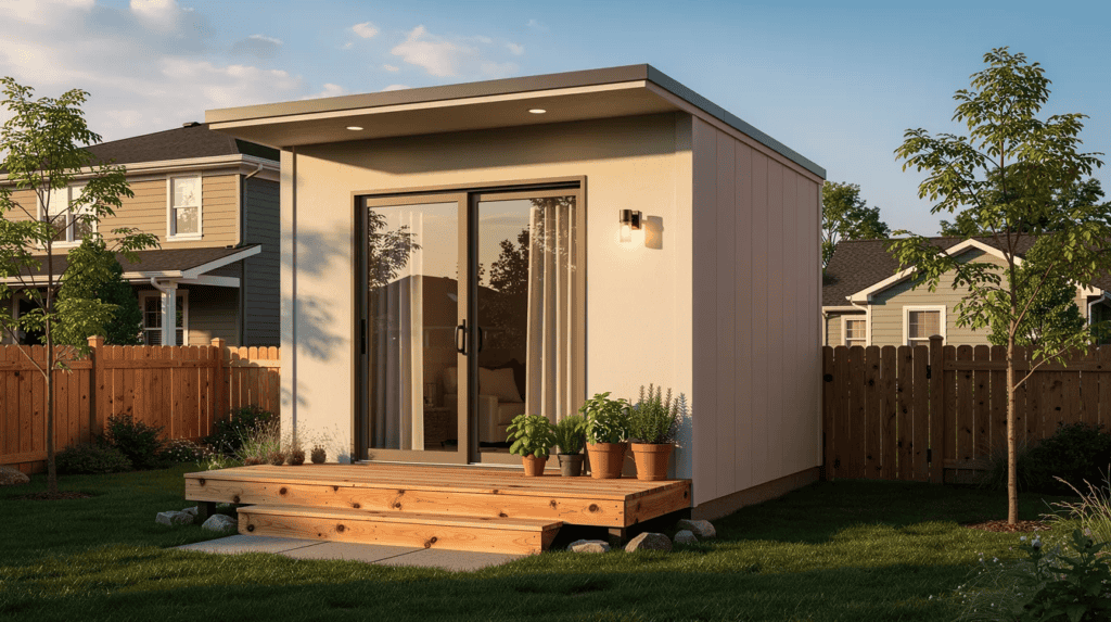 Modern Small Home with Deck in Backyard - Small Homes USA Newsletter A modern tiny house is nestled in a suburban backyard, featuring a compact wooden porch and potted herbs by the door. The low fence provides a cozy separation from the main house, all bathed in the warm glow of late-afternoon light.