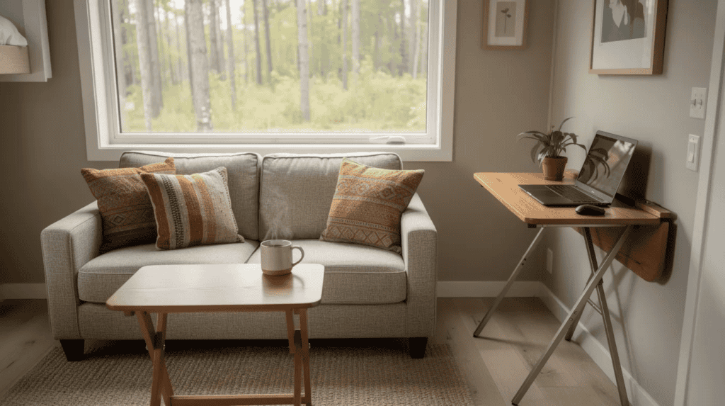 Cozy Living Room with Natural Light - Small Homes USA Newsletter The image depicts a cozy tiny home living area featuring a large picture window that opens up to a serene wooded yard. Inside, there's a small sofa adorned with throw pillows, a folding desk against the wall, and a drop-leaf table with a mug, creating an inviting and functional living space.