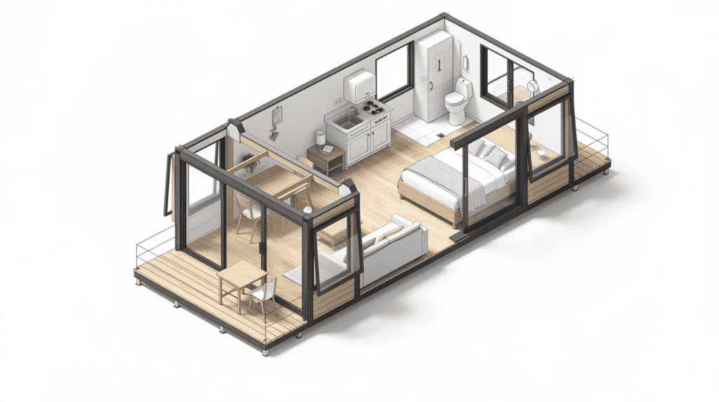 Small Home Interior Design Layout - Small Homes USA Newsletter The image features a detailed architectural drawing of a tiny house plan, presented in a top-down isometric perspective. The layout showcases various rooms including bedrooms and a kitchen, emphasizing the efficient use of space typical in small house designs.
