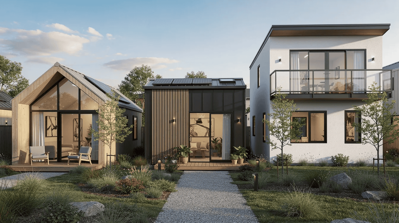 Modern Small Cottage Homes for Sale - Small Homes USA Newsletter The image showcases a collection of modern small cottages and accessory dwelling units (ADUs) available for sale, each featuring charming designs, inviting porches, and cozy bedrooms. This appealing listing highlights the perfect homes for those thinking about buying a cottage in the current market.