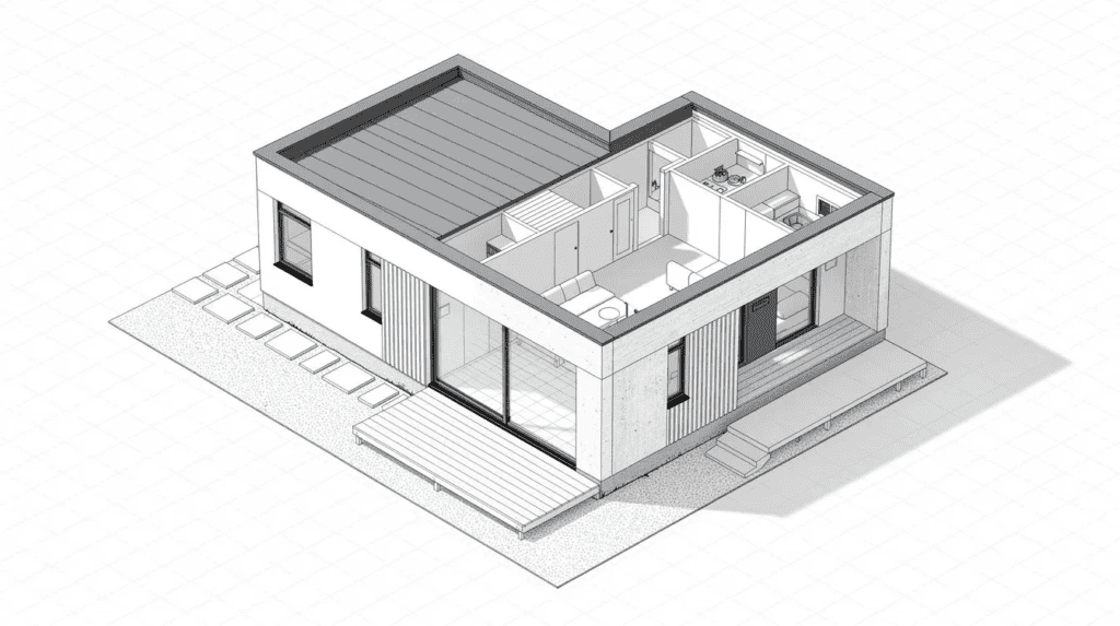Small Modern Home Design for Small Homes USA - Small Homes USA Newsletter This image features a detailed architectural drawing of a modern tiny house plan with a flat or low-slope roof, presented in a top-down isometric perspective. The layout showcases innovative storage solutions and open floor plans, emphasizing minimalist living and efficient use of space, perfect for budget-friendly starter homes.
