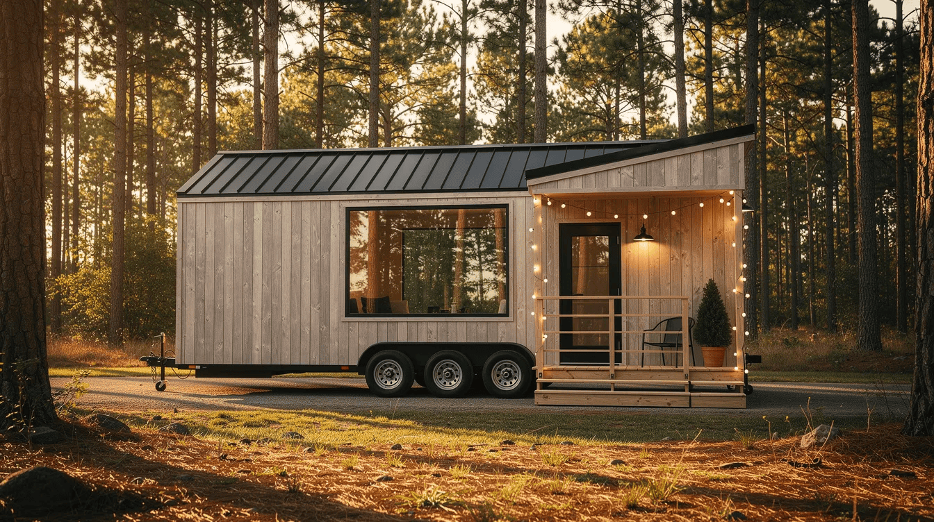 Modern Tiny Home in Nature Setting - Small Homes USA Newsletter A 26-foot tiny house on wheels is parked at the edge of a pine forest clearing, featuring weathered cedar siding and a cozy fold-down porch adorned with string lights. The late afternoon sunlight filters through the trees, creating a warm and inviting atmosphere in this small space designed for modern living.