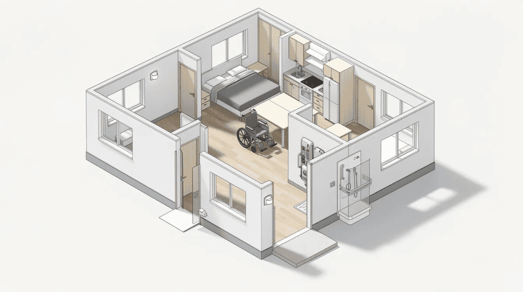 Small Home Interior Design Layout - Small Homes USA Newsletter This architectural drawing showcases a single-level accessible small residence, featuring a spacious family room and inviting outdoor space. The isometric perspective highlights the layout, including a front porch, one bedroom, and functional areas designed for entertaining guests while maximizing natural light.