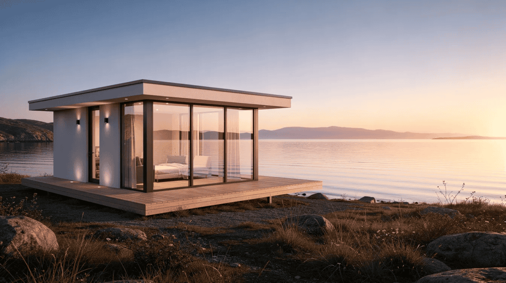 Modern Tiny House by the Water - Small Homes USA Newsletter Contemporary tiny house with glass walls on lakeside at sunset.