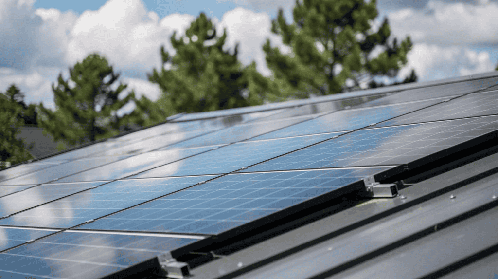 Solar Panels on Small Home Roof - Small Homes USA Newsletter A close-up photograph showcases solar panels installed on the metal roof of a modern tiny home, surrounded by lush pine trees and a partly cloudy sky. This eco-friendly design highlights the sustainable features of tiny houses, emphasizing their versatility and modern living solutions.
