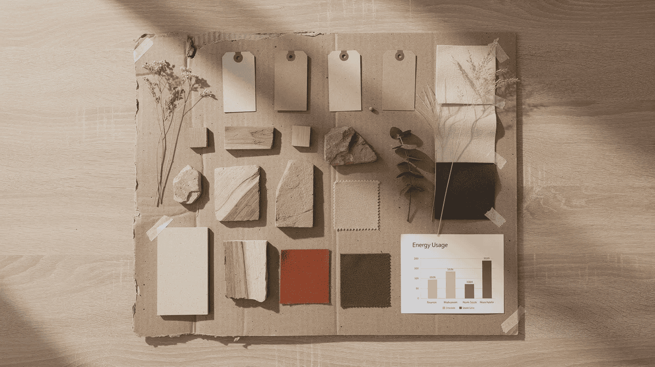 2b031942-0c8f-4b0c-9164-92bf9e12955e - Small Homes USA Newsletter An overhead flat-lay image of a mood board features a recycled cardboard backing adorned with pinned product tags, small wood and stone material off-cuts, and earthy-toned fabric samples. Dried plant sprigs and a small printed energy usage chart are also included, all arranged on a wooden desk surface illuminated by bright natural daylight, showcasing essential elements for interior design inspiration.