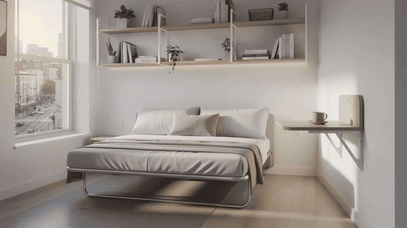 Modern Minimalist Bedroom Design - Small Homes USA Newsletter The image depicts a cozy 200 square foot micro studio apartment featuring a sofa-bed in an open position, white walls with open shelving, and a large window that allows natural light to fill the space, overlooking a city street. A small fold-down table with a coffee cup adds functionality to this stylish living space designed for efficient use of every inch.
