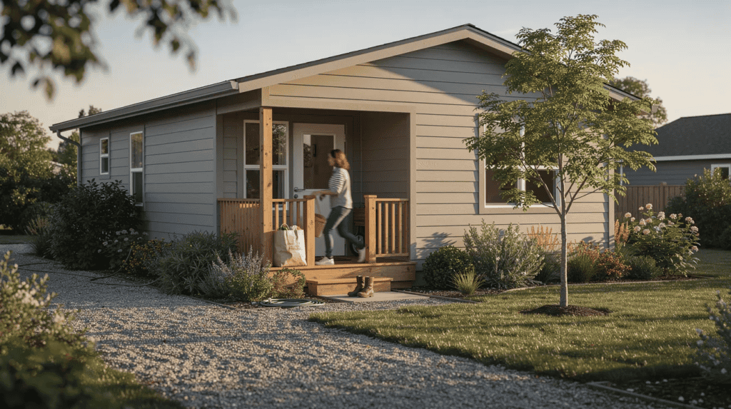 Small Modern Home with Front Porch - Small Homes USA Newsletter A small single-story cottage, approximately 850 square feet, features muted lap siding and a low-pitch gable roof, with a covered front porch supported by timber posts. The scene captures a person mid-step setting down a grocery bag on the porch, surrounded by realistic landscaping, including mixed shrubs and a small tree casting dappled shadows, creating an inviting outdoor space.