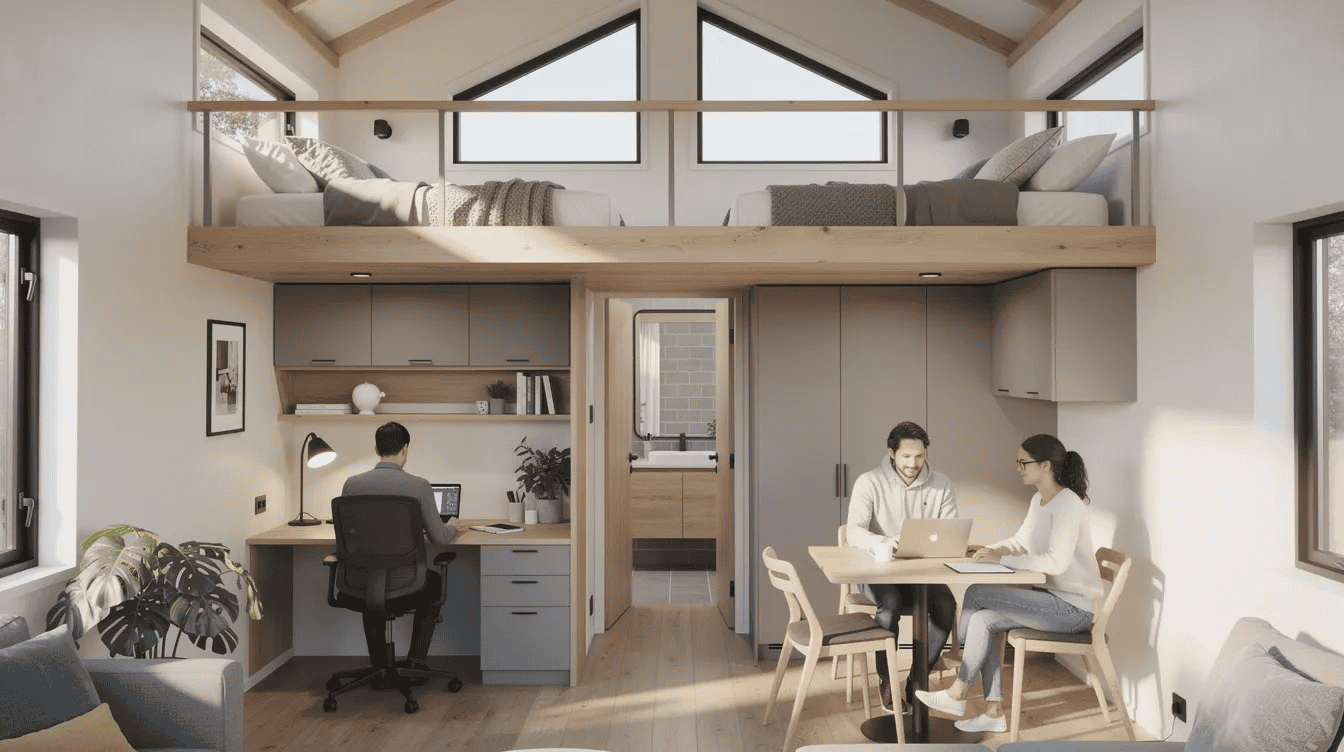 Modern Tiny Home Interior Design - Small Homes USA Newsletter The image depicts the Dual-Loft Nomad, a stylish tiny house measuring 28 feet with approximately 250 square feet of living space. It features two cozy bedroom lofts connected by a catwalk, a main-floor office nook, and a full bathroom, making it an ideal setup for remote-working couples who appreciate the tiny house movement and modern home design.