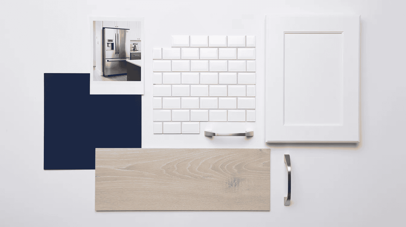 39fec848-c54d-4654-9073-d4d9b845833c - Small Homes USA Newsletter This top-down flat lay mood board showcases a navy blue paint chip, a white shaker cabinet door sample, a central peel-and-stick subway tile piece, and a light vinyl plank flooring sample, all arranged harmoniously against a white background. The layout also includes a brushed nickel pull and a printed photo of a compact refrigerator, reflecting the initial ideas for a modern kitchen renovation.