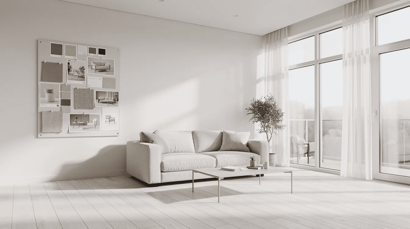 3adc6cd5-e6a3-4968-b930-97bb7512e0f3 - Small Homes USA Newsletter The image depicts a bright and airy 450 square foot open-plan living room featuring white oak floors and a compact linen sofa, illuminated by natural daylight streaming through large windows. A physical mood board is pinned on the wall beside the sofa, showcasing a collection of color swatches and fabric samples that reflect the interior design elements and inspire creativity in the space.