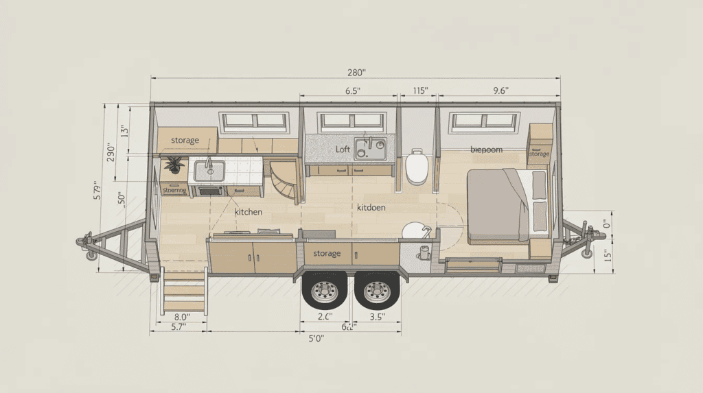 Small Home Floor Plan for Compact Living - Small Homes USA Newsletter The image shows a top-down isometric perspective of a Tiny House on Wheels (THOW) plan, featuring a spacious deck, double French doors, and sweeping bay windows, ideal for young couples or empty nesters looking to downsize. The layout includes a cozy living space, a well-designed kitchen, and a loft bedroom, highlighting the clever use of space in the tiny house movement.
