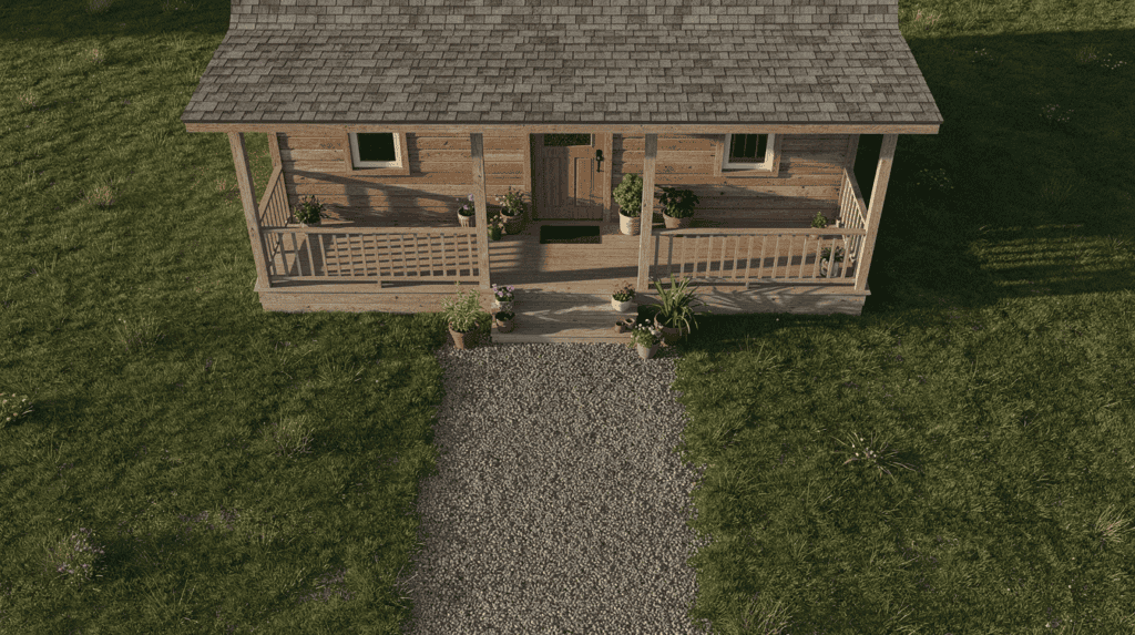 Charming Small Home with Front Porch - Small Homes USA Newsletter A realistic top-down view of a small single-story cottage showcases its charming exterior, featuring natural wood siding with a hint of weathering, a covered front porch, and a gravel path lined with potted plants. The afternoon sunlight casts long shadows across a small lawn, creating a warm and inviting atmosphere.