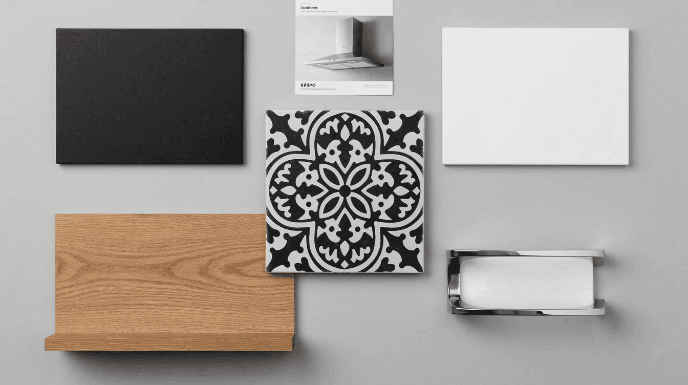 3fe68a79-9947-401a-9204-ed3113a7fbb3 - Small Homes USA Newsletter A top-down flat lay mood board showcases a matte black cabinet sample alongside a white slab cabinet front, with a bold black-and-white encaustic patterned tile at the center as the focal point. Warm oak shelf samples and polished chrome pulls radiate outward, creating a visual roadmap for a modern kitchen design renovation that combines dark and light elements.