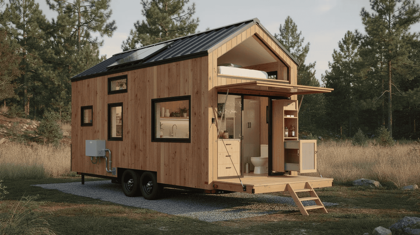 Modern Tiny Home on Wheels for Small Living - Small Homes USA Newsletter The Cedar Wanderer is a stylish 24-foot tiny house featuring a cedar-clad exterior, a loft bedroom, and a fold-down porch. Inside, it maximizes living space with a compact kitchen, a composting toilet, and large windows that invite natural light, making it an ideal choice for those embracing the tiny house movement and off-grid lifestyle.
