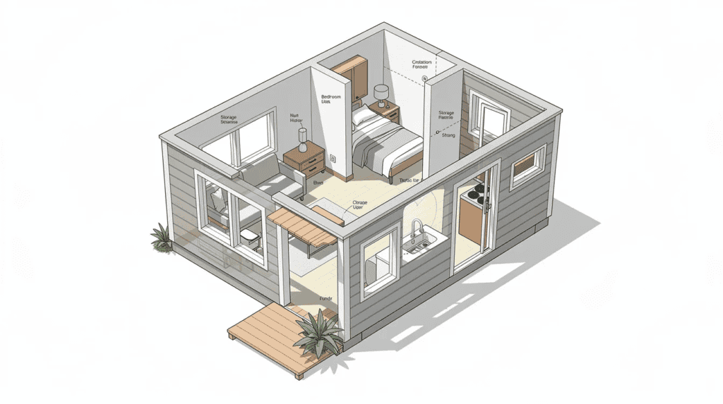Small Home Interior Floor Plan - Small Homes USA Newsletter This image depicts a top-down isometric view of a Little House ADU (Accessory Dwelling Unit) plan, showcasing a compact layout with modern amenities and innovative storage solutions. The design emphasizes efficient use of space, making it an ideal example of tiny house plans for budget-friendly living.