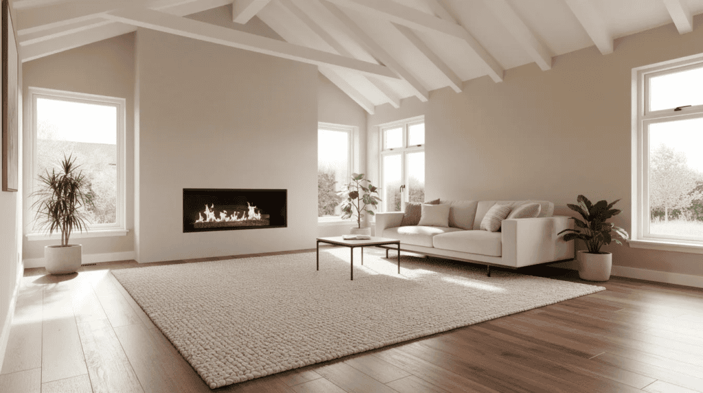 Modern Living Room with Fireplace - Small Homes USA Newsletter Spacious modern living room with fireplace and large windows.