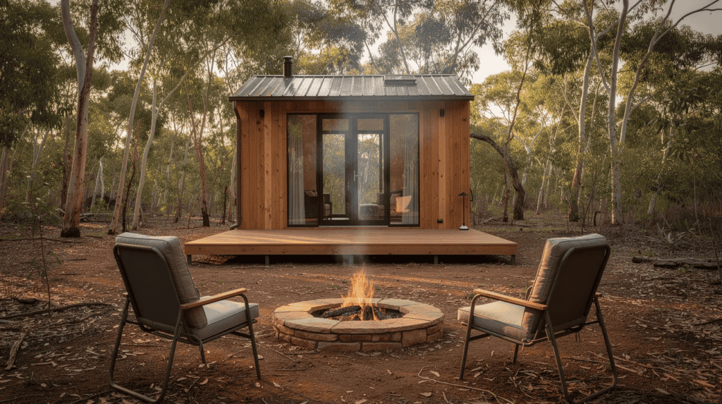 Cozy Tiny House with Firepit in Nature - Small Homes USA Newsletter Tiny house with deck and firepit in wooded area, outdoor relaxation.