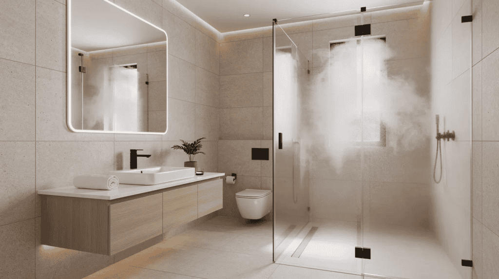 Modern Bathroom Design for Small Homes - Small Homes USA Newsletter Contemporary bathroom with walk-in shower, vanity, and minimalist decor.