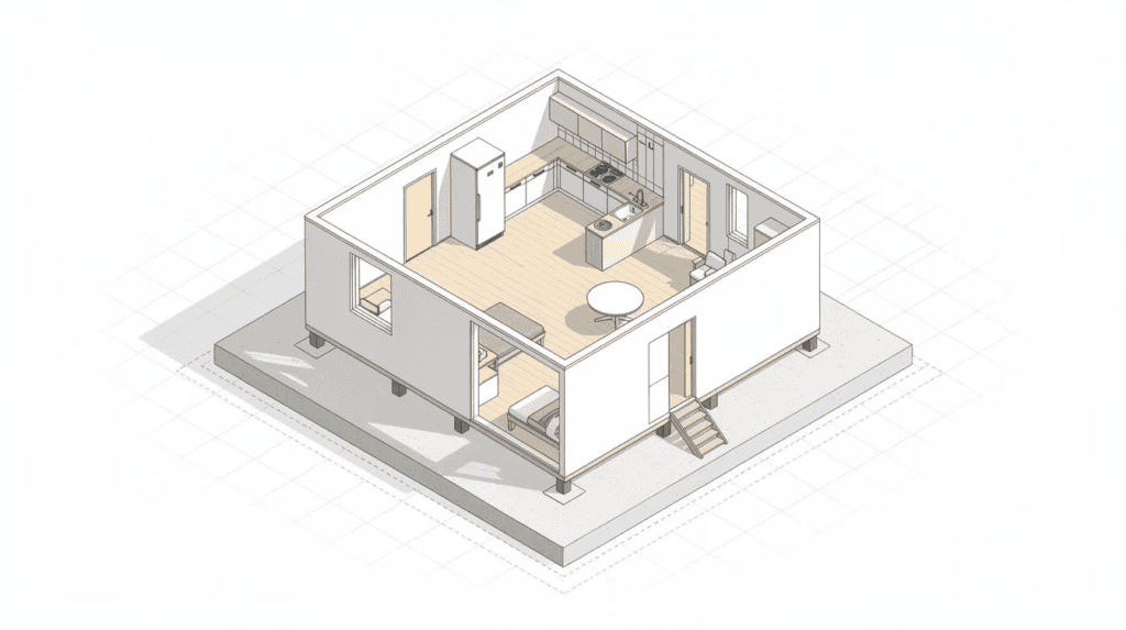 Small Home Interior Design - Small Homes USA Newsletter The image shows a top-down isometric view of a foundation-based tiny house plan, featuring a hipped roof, double French doors, and sweeping bay windows. This layout includes a spacious deck, a proportional corner porch, and cleverly designed living spaces that maximize square footage, ideal for young couples or empty nesters looking to embrace the tiny house movement.