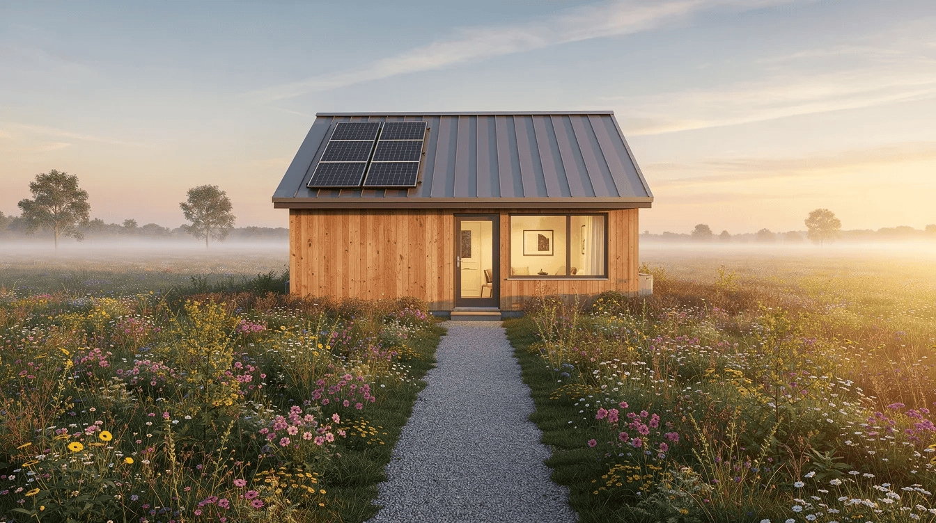 Small Eco-Friendly Home with Solar Panels - Small Homes USA Newsletter A small solar-powered micro home sits on a rural lot at sunrise, featuring two solar panels on a low-pitched metal roof. Surrounded by a wildflower meadow, the structure is bathed in soft golden light, with a gravel path leading to its front door, embodying the essence of the tiny house movement and sustainable living.