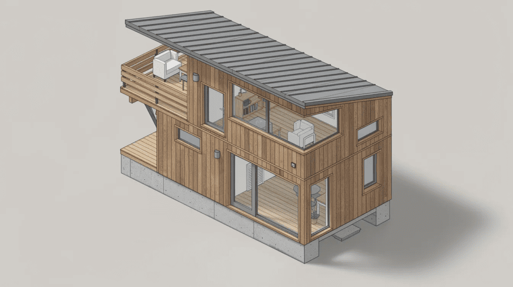 Modern Tiny Home with Wooden Exterior - Small Homes USA Newsletter This image features a highly detailed architectural drawing of a loft-style tiny house on a foundation, presented in a top-down isometric perspective. The design showcases the layout of the small house, including its bedrooms, bathrooms, and kitchen, emphasizing its compact and efficient use of space.