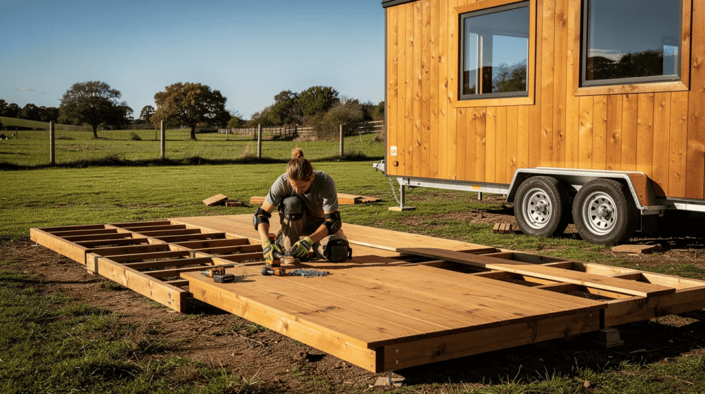 Tiny House Deck Construction - Small Homes USA Newsletter Person building a wooden deck for a tiny house outdoors.