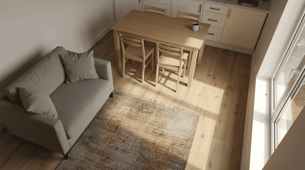 Cozy Small Home Kitchen and Dining Area - Small Homes USA Newsletter The image depicts a cozy small open-plan living room and kitchen featuring wood floors, a compact sofa, and a two-person dining table, all bathed in morning sunlight streaming through a large window. A slightly worn area rug adds warmth, while a coffee mug rests on the counter, creating a welcoming atmosphere perfect for tiny house living.