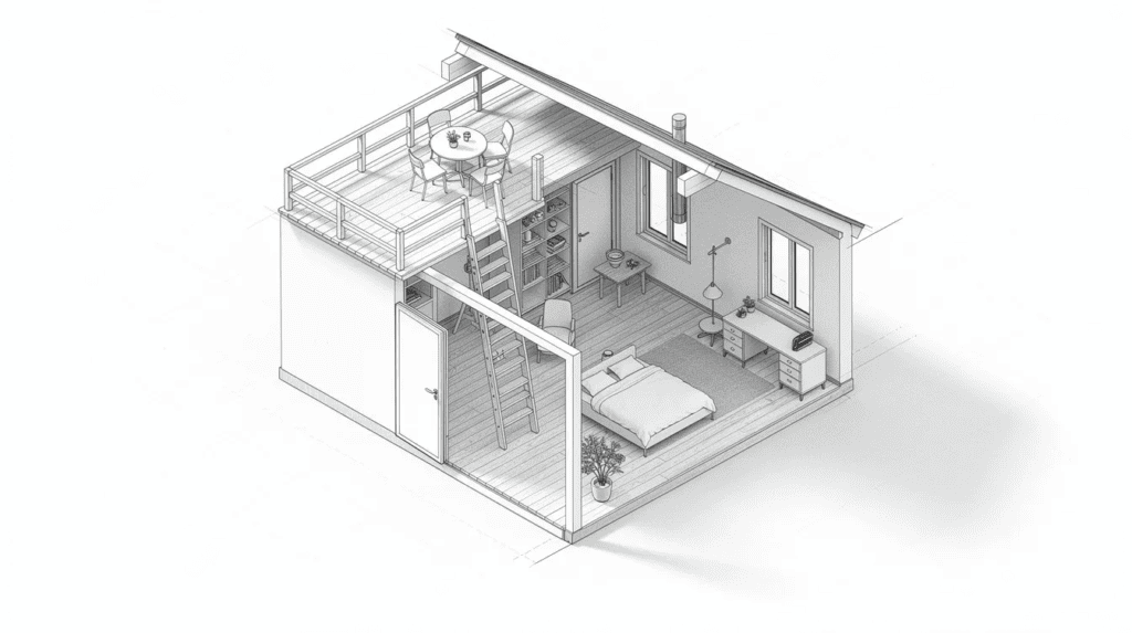 Small Home Interior with Loft Space - Small Homes USA Newsletter This architectural drawing features a detailed top-down isometric perspective of a tiny house plan with a loft, showcasing innovative storage solutions and open floor plans within a compact living space. The design highlights modern amenities and a sleek aesthetic, making it an ideal example of budget-friendly starter homes.