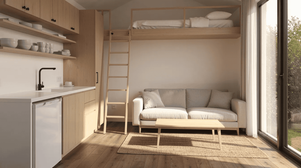 Small Home Interior with Loft Bed - Small Homes USA Newsletter The image showcases the interior of a modern tiny home, featuring an open-plan kitchen with light wood cabinets, a cozy living room with a linen sofa, and a lofted sleeping area above. Warm natural light floods the space through large floor-to-ceiling windows, highlighting the eco-friendly materials and stylish design of this surprisingly versatile living space.