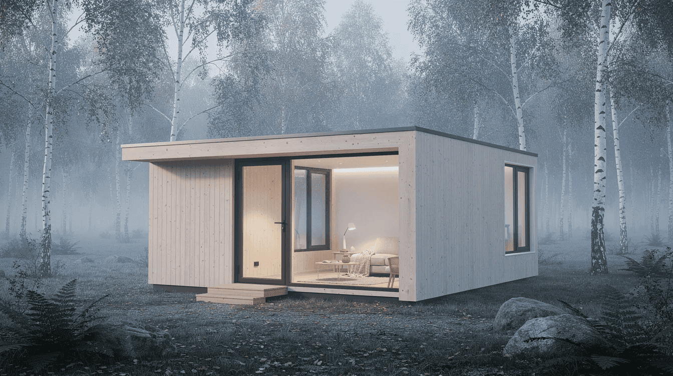 Modern Tiny Home in Forest Setting - Small Homes USA Newsletter A sleek, light-wood Scandinavian-style prefab cabin stands in a forest clearing, surrounded by birch trees shrouded in morning mist. The cabin features large windows that allow natural light to fill the living space, with a single step leading up to a glass front door, creating a warm and inviting atmosphere.