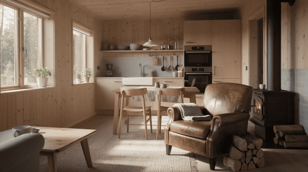 Cozy Small Home Interior with Kitchen and Living - Small Homes USA Newsletter The image depicts the interior of a compact open-plan kitchen and living room in a small wooden cabin, featuring natural light streaming through two large windows. A worn leather armchair is positioned near a cozy wood-burning stove, creating a warm and inviting living space that exemplifies minimalist living in tiny house plans.