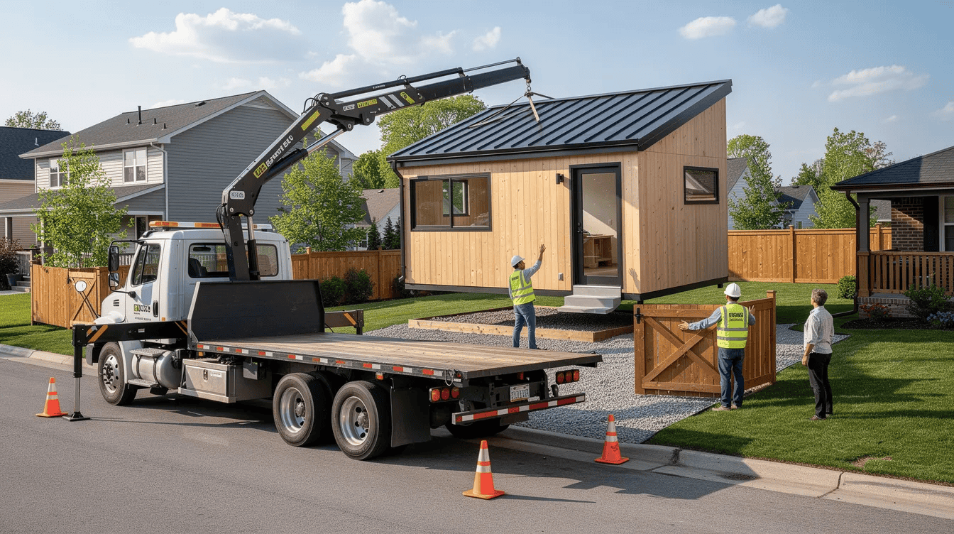 Small Home Being Delivered on Truck - Small Homes USA Newsletter A flatbed truck is delivering a cozy cabin, resembling a modern granny flat, to a residential backyard, showcasing the growing trend of affordable housing options like tiny homes. The small prefabricated unit is designed to provide privacy and comfort, making it an ideal space for aging parents or as a guest house.
