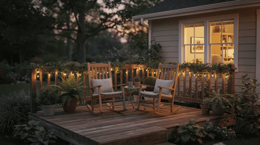 Cozy outdoor deck with chairs and lights - Small Homes USA Newsletter Outdoor deck with chairs, plants, and string lights at dusk.