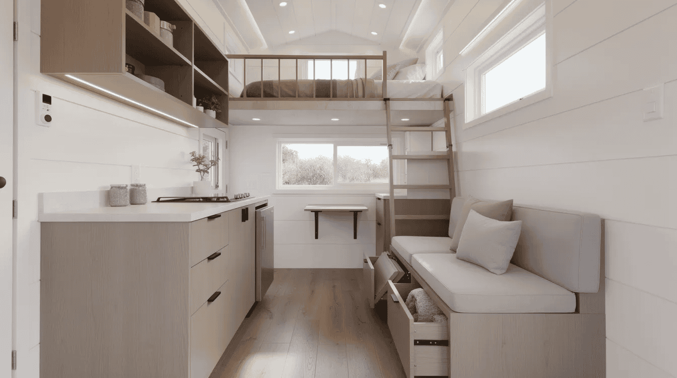 Cozy Tiny Home Interior with Loft - Small Homes USA Newsletter The image showcases The Legend One, a stylish tiny house measuring approximately 250 square feet, featuring a galley kitchen, a cozy living area with a storage bench, and a spacious sleeping loft. This modern mini home is designed with large windows to allow natural light to fill the living space, making it an ideal choice for those embracing the tiny house movement.