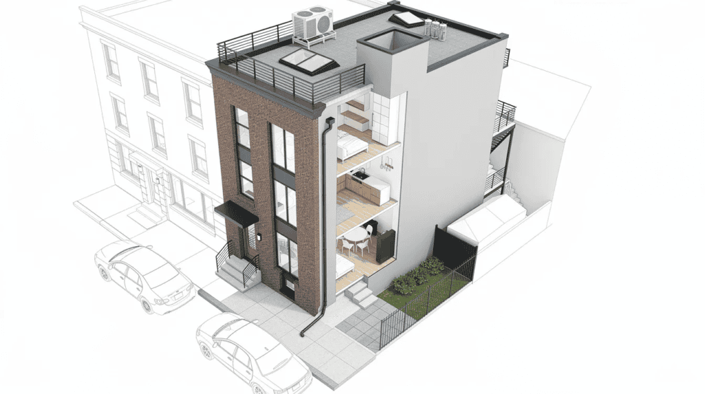 Modern Small Home Design in USA - Small Homes USA Newsletter The image depicts a detailed architectural drawing of a small urban rowhouse, showcasing its unique design elements such as a front porch, spacious family room, and outdoor space. The isometric perspective highlights the layout and features, making it an ideal representation of small house plans that maximize floor space and natural light.