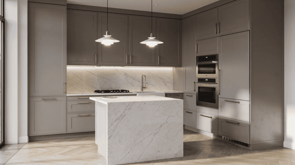 Modern Kitchen with Marble Island - Small Homes USA Newsletter Contemporary kitchen with marble island and sleek cabinetry.