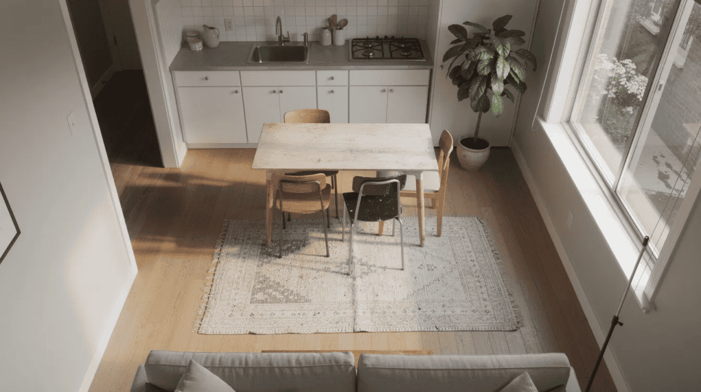 Small Home Kitchen and Dining Area - Small Homes USA Newsletter The image shows a compact open-plan kitchen and living room featuring light wood floors and a slightly worn woven rug. Morning light streams in through a large window, illuminating a cozy space with mismatched dining chairs at a small table and a galley kitchen with a white tile backsplash, complemented by a single houseplant on the counter.
