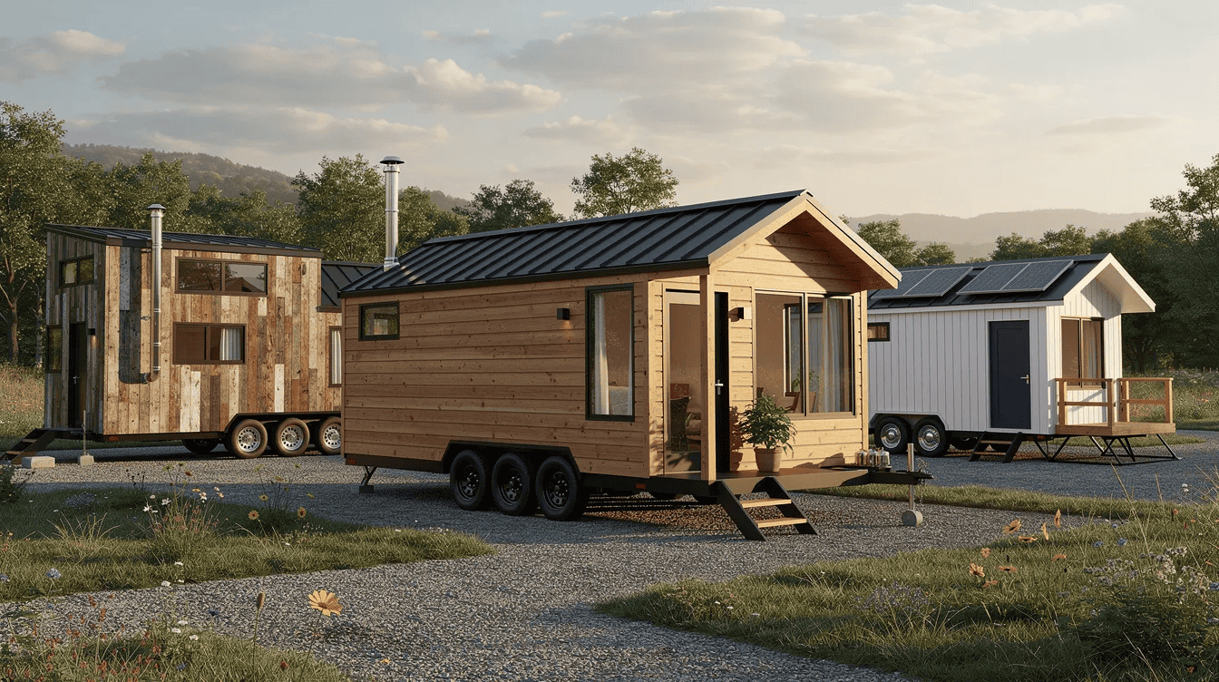 Tiny Mobile Homes for Sale - Small Homes USA Newsletter The image showcases several tiny houses on wheels, each ranging from 160 to 250 square feet, highlighting the concept of tiny living and the dream of affordable home ownership. These compact homes, designed for mobility and efficiency, represent a new way of life that prioritizes comfort and community.