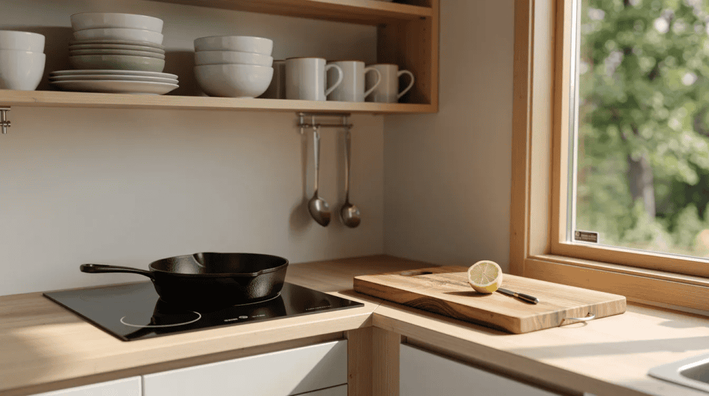 Cozy Small Home Kitchen with Natural Light - Small Homes USA Newsletter The image features a cozy interior of a tiny home kitchen, showcasing a cast-iron pan on an induction cooktop, a wooden cutting board with a lemon, and open shelving displaying ceramic dishes. Soft natural light streams through a window, illuminating the space and providing a view of lush green trees outside.