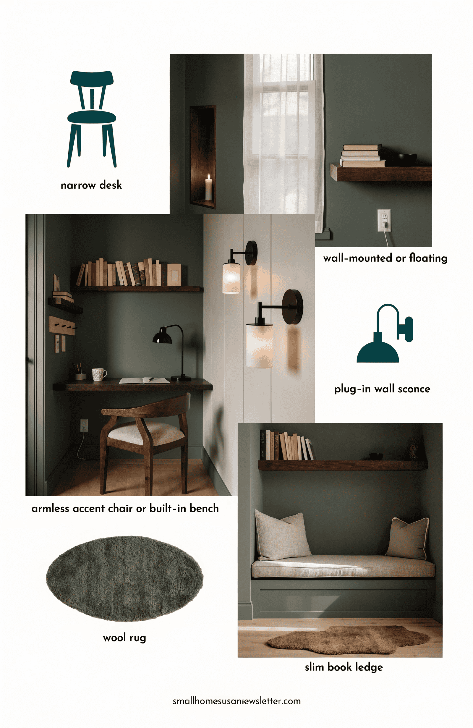 Cozy Reading Nook Home Office Corner Mood Board - Small Homes USA Newsletter