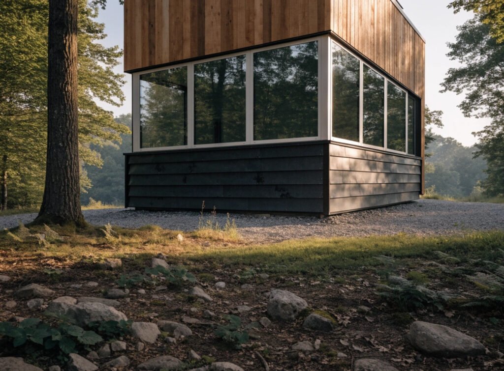 Dark_Metal_cleaned - Small Homes USA Newsletter The image showcases the exterior of a modern tiny house featuring dark metal and cedar siding, with large windows that reflect the surrounding trees. Set on a gravel pad in a serene wooded clearing, the structure is bathed in soft afternoon light, highlighting its stylish design and eco-friendly materials.